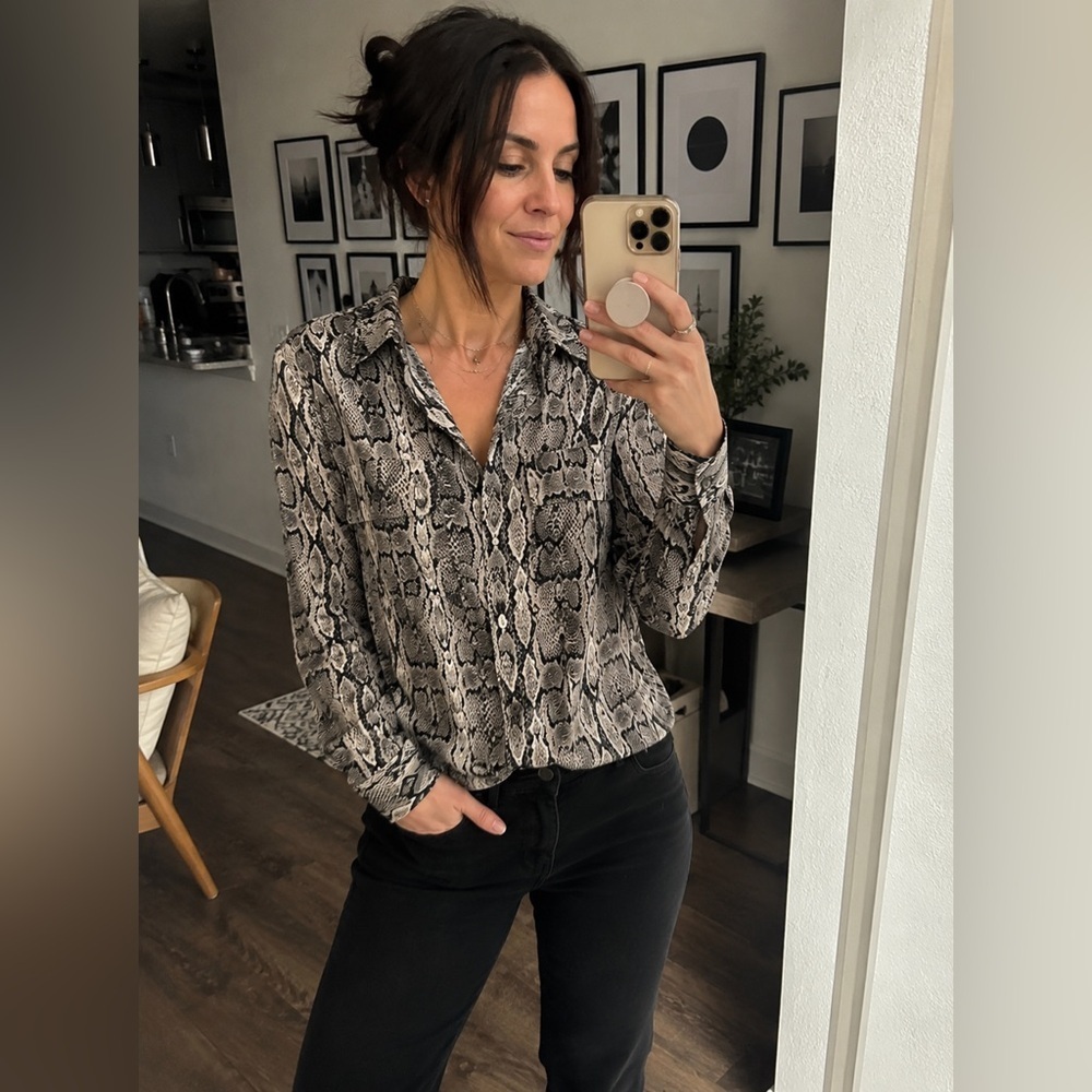 Express Snake Print Button Front Blouse Women’s Size S Long Sleeve Top